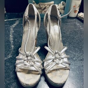 Coach silver or cork wedges!